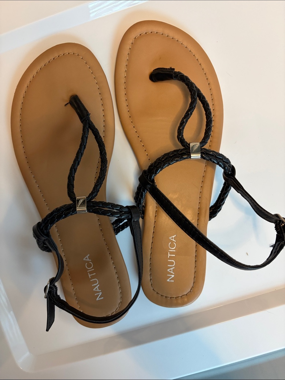 Nautica Black Braided Toe-Loop Ankle-Strap Sandals